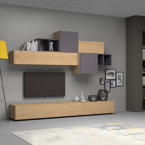 Σύνθεση τηλεόρασης Tromen Megapap από μελαμίνη χρώμα sonoma - γκρι 260x42x165εκ.