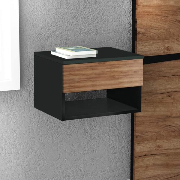 Κομοδίνο επιτοίχιο μελαμίνης Bianca Megapap χρώμα μαύρο - ανοιχτό καρυδί 40x30x23εκ.