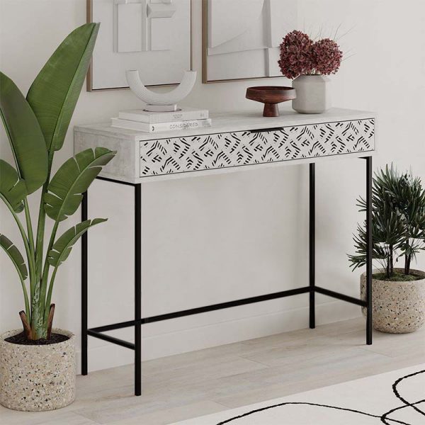Κονσόλα Heaton Megapap μεταλλική - μελαμίνης χρώμα λευκό αντικέ 110x35,6x90εκ.