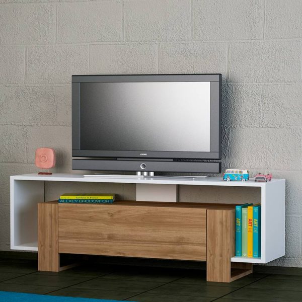 Έπιπλο τηλεόρασης Olbia Megapap από μελαμίνη χρώμα λευκό - καρυδί 120x33x48,6εκ.