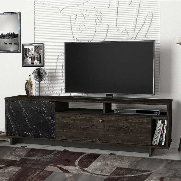 Έπιπλο τηλεόρασης Sevran Megapap από μελαμίνη χρώμα μαύρο rebab - μαύρο εφέ μαρμάρου 140x35x47εκ.