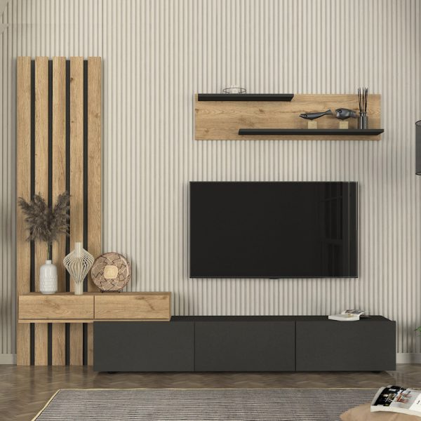 Σύνθεση τηλεόρασης Rosaline Megapap χρώμα ανθρακί - sepet oak 233x31,3x196,8εκ.