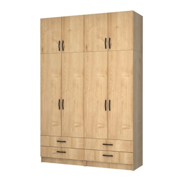 Ντουλάπα ρούχων Ricardo Megapap τετράφυλλη με πατάρι και συρτάρια χρώμα φυσικό οξιάς 160x51,8x240εκ.