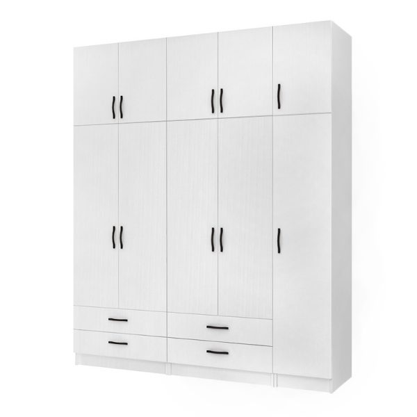 Ντουλάπα ρούχων Ricardo Megapap πεντάφυλλη με πατάρι και συρτάρια χρώμα λευκό 200x51,8x240εκ.
